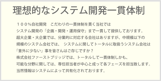 １００％自社開発　こだわりの一貫体制を貫く当社ではシステム開発の「企画・開発・運用保守」まで一貫して提供しております。超大企業・大企業では、分業的に対応する会社はありますが、中規模以下の規模のシステム会社では、　システムに関してトータルに取扱うシステム会社は　「意外に少ない」事を皆さんはご存じですか？株式会社ファーストブリッジでは、トータルして一貫体制しかも、可能な分野に関しては、専任担当者が中心と成って各フェーズを担当致します。当然情報はシステムによって共有化されております。